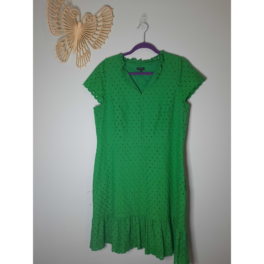 Talbots Petite Green Eyelet Cotton Ruffle V-Neck Flounce Hem Dress 16P
